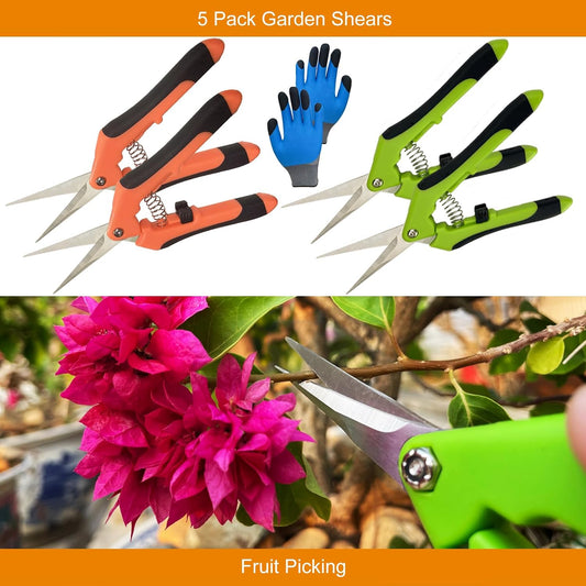 5 Pack Pruning Shears, Garden Shears with Gardening gloves, Garden Clippers Handheld, Straight Stainless Steel Garden Snips, Gardening Shears, Garden Scissors, Pruners for Gardening