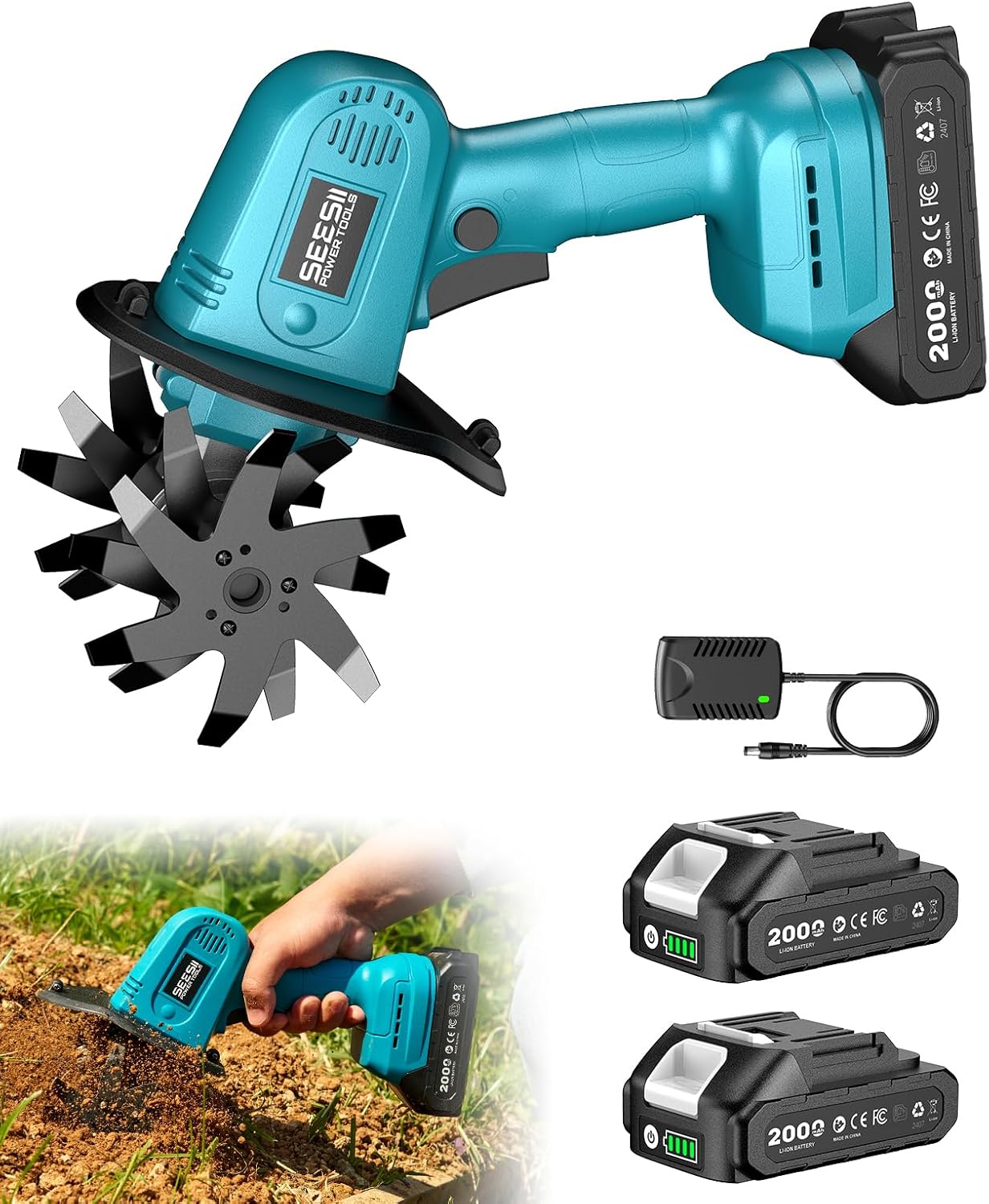 Cordless Tiller Cultivator, 20V Electric Tiller for Gardening