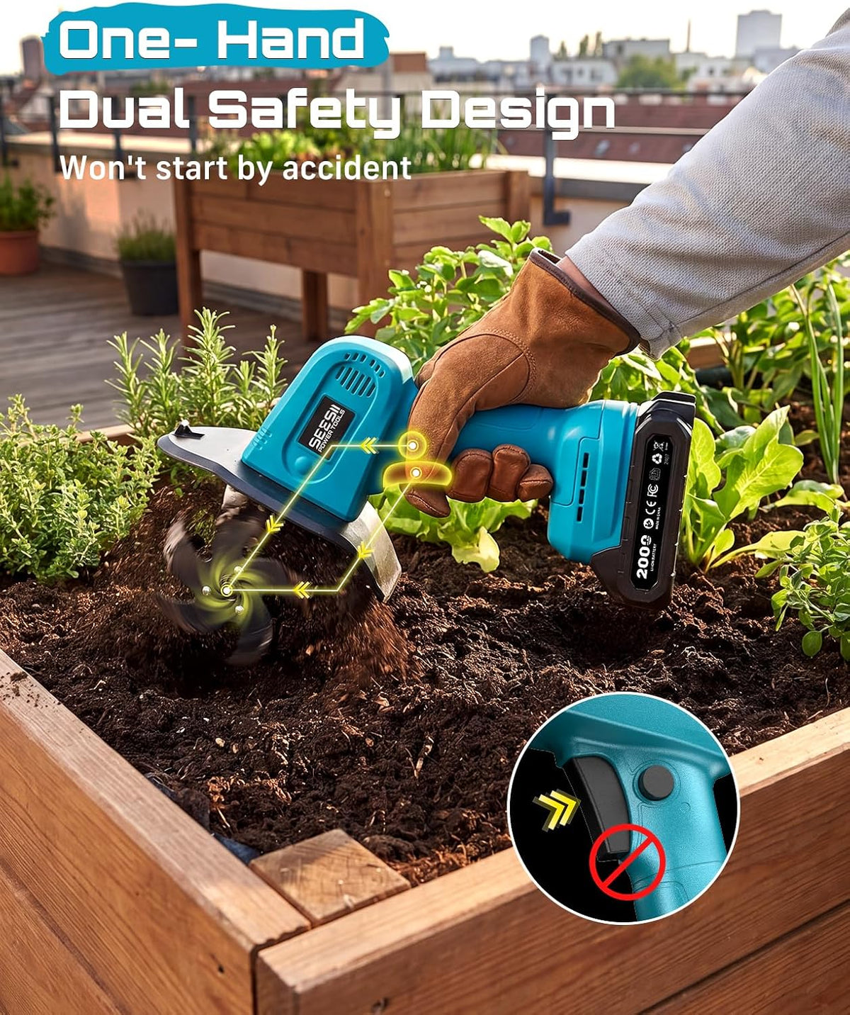 Cordless Tiller Cultivator, 20V Electric Tiller for Gardening