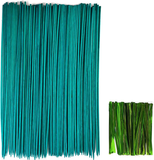 100PCS 18" Plant Sticks Support with 100PCS Green Garden Ties, Green Bamboo Sticks, Garden Wood Plant Stakes, Floral/Orchid/Tomato Wooden Stakes Plant Support Stakes Wooden