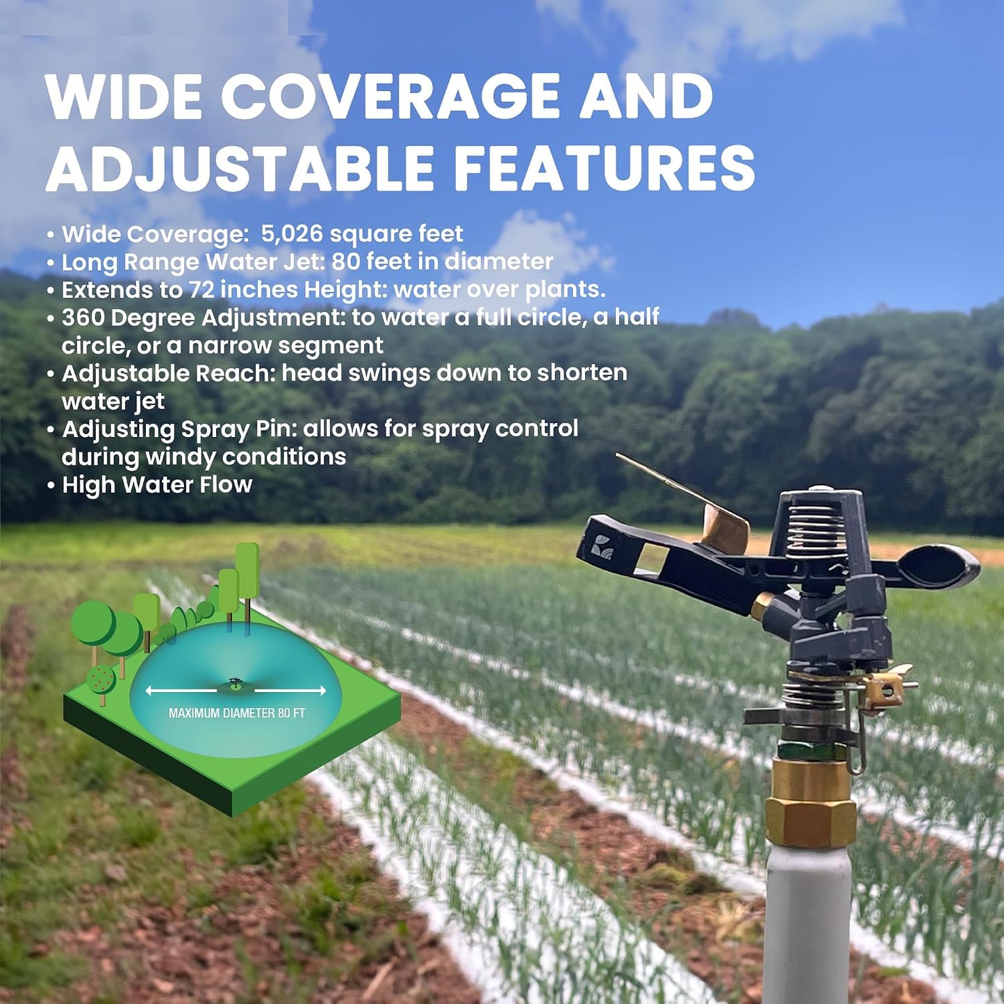 Impact Water Sprinkler 300005 on Tripod Stand, Telescopic with Long Range to 80 ft Diameter Coverage