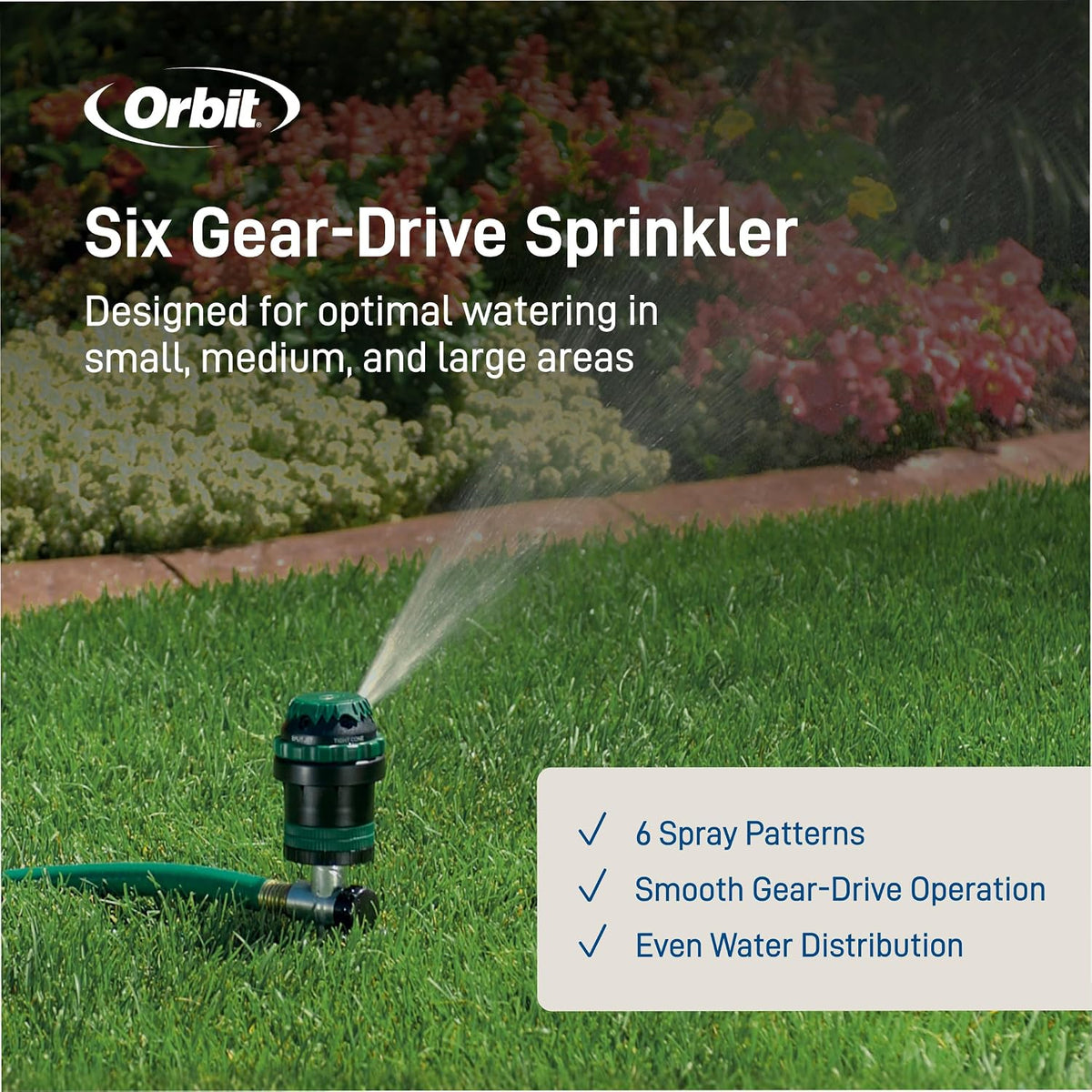 H2O-Six Gear-Drive Sprinkler on Metal T-Spike - Customizable Lawn Watering Coverage - Multi-Pattern Rotating Head with Adjustable Spray Range - Durable Outdoor Yard Irrigation Sprinkler - 58573
