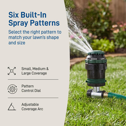 H2O-Six Gear-Drive Sprinkler on Metal T-Spike - Customizable Lawn Watering Coverage - Multi-Pattern Rotating Head with Adjustable Spray Range - Durable Outdoor Yard Irrigation Sprinkler - 58573