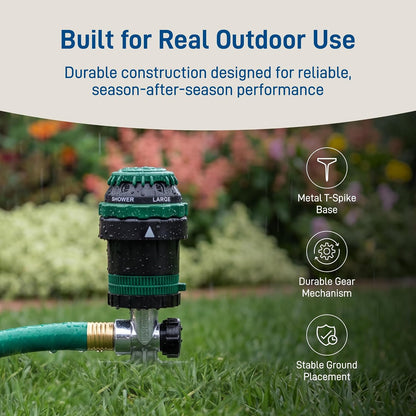 H2O-Six Gear-Drive Sprinkler on Metal T-Spike - Customizable Lawn Watering Coverage - Multi-Pattern Rotating Head with Adjustable Spray Range - Durable Outdoor Yard Irrigation Sprinkler - 58573
