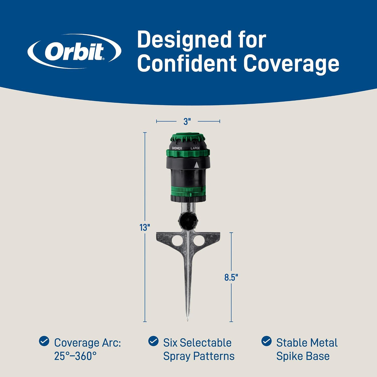 H2O-Six Gear-Drive Sprinkler on Metal T-Spike - Customizable Lawn Watering Coverage - Multi-Pattern Rotating Head with Adjustable Spray Range - Durable Outdoor Yard Irrigation Sprinkler - 58573