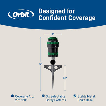 H2O-Six Gear-Drive Sprinkler on Metal T-Spike - Customizable Lawn Watering Coverage - Multi-Pattern Rotating Head with Adjustable Spray Range - Durable Outdoor Yard Irrigation Sprinkler - 58573