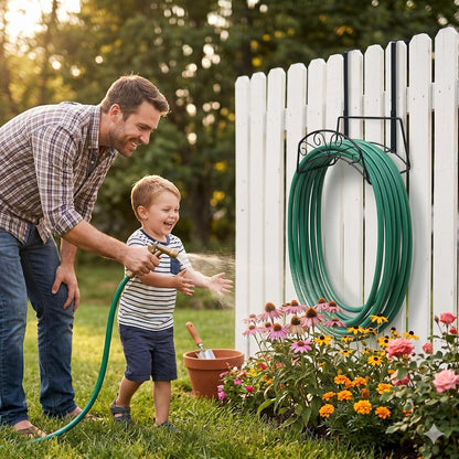 Garden Hose Holder, Water Hose Holder,Sturdy Hose Reel Holds, Metal Water Hose Stand for Outside -Wall Mount Or Hanger (Black)