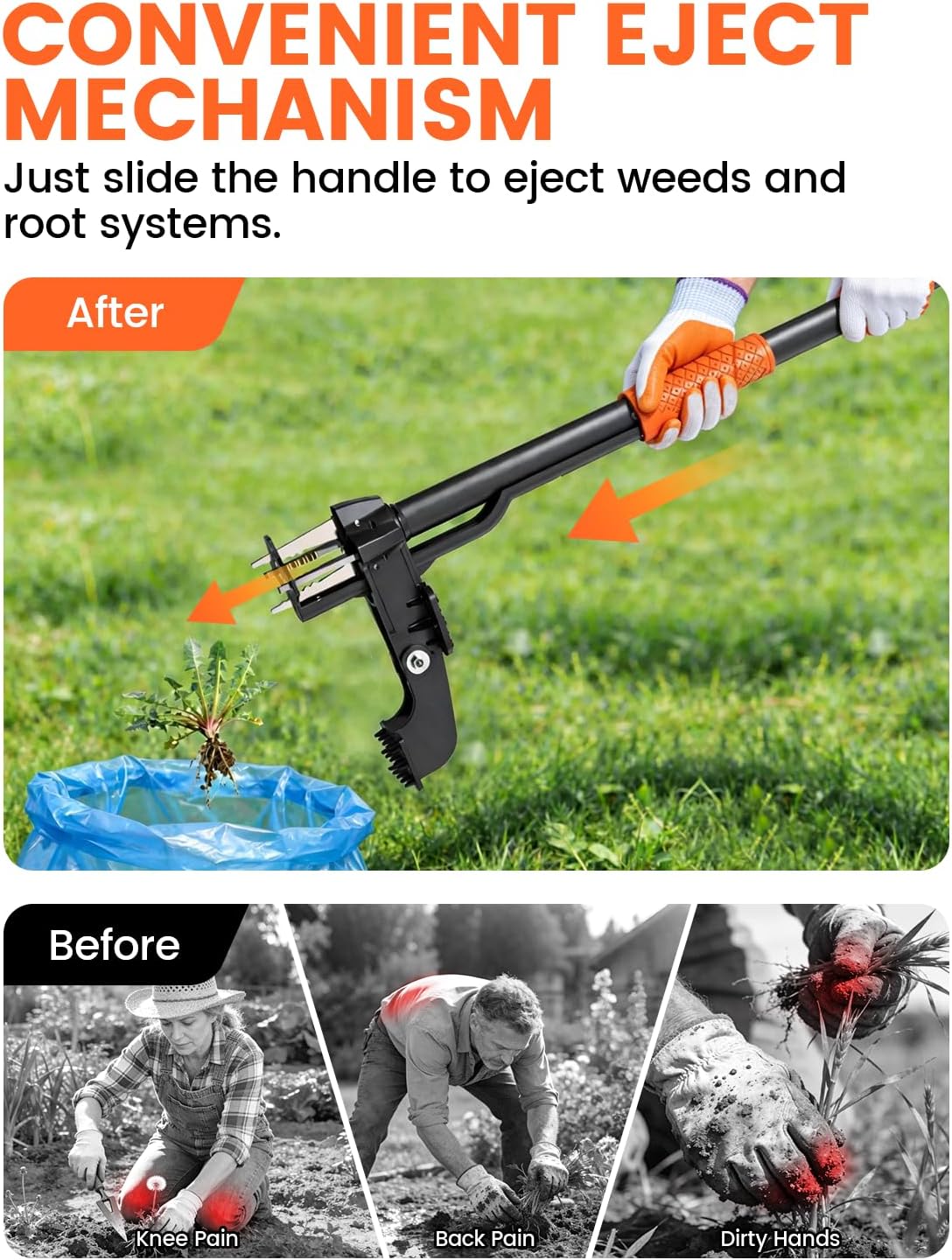 Weed Puller Tool 4-Claw Stand Up Weed Remover tools with Ergonomic Long Handle/Foldable Foot Pedal/Easy Eject,Heavy Duty Garden Weeding Tools for Dandelion,Crabgrass,Thistle–No Bending Kneeling