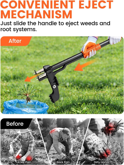 Weed Puller Tool 4-Claw Stand Up Weed Remover tools with Ergonomic Long Handle/Foldable Foot Pedal/Easy Eject,Heavy Duty Garden Weeding Tools for Dandelion,Crabgrass,Thistle–No Bending Kneeling