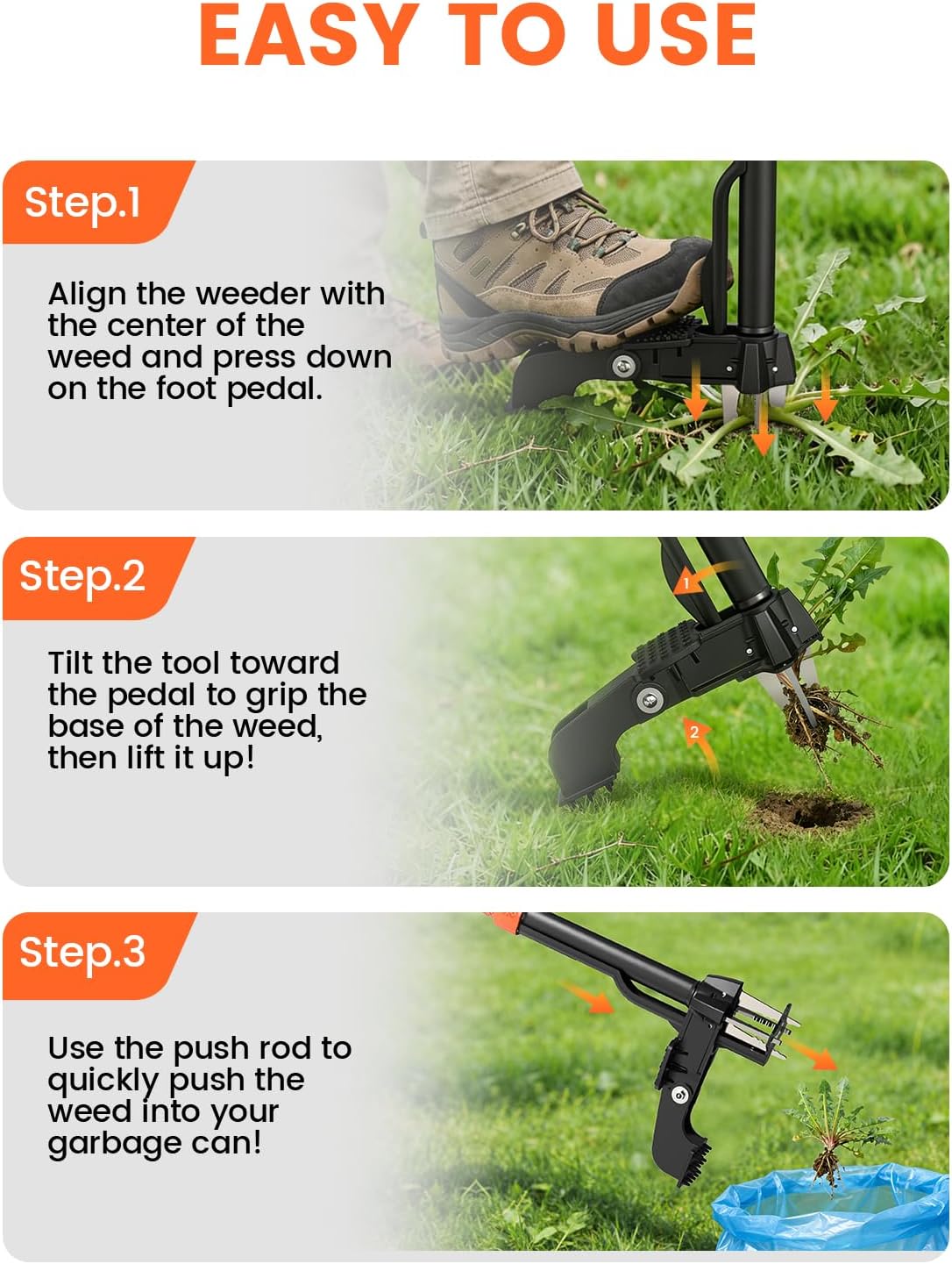 Weed Puller Tool 4-Claw Stand Up Weed Remover tools with Ergonomic Long Handle/Foldable Foot Pedal/Easy Eject,Heavy Duty Garden Weeding Tools for Dandelion,Crabgrass,Thistle–No Bending Kneeling
