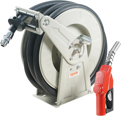 Fuel Hose Reel, 3/4 inch x 66 ft Retractable, Spring Driven Auto Swivel Rewind, 300 PSI, Heavy-Duty Carbon Steel Construction with Industrial Grade Rubber Hose, for Diesel Fuel, Kerosene