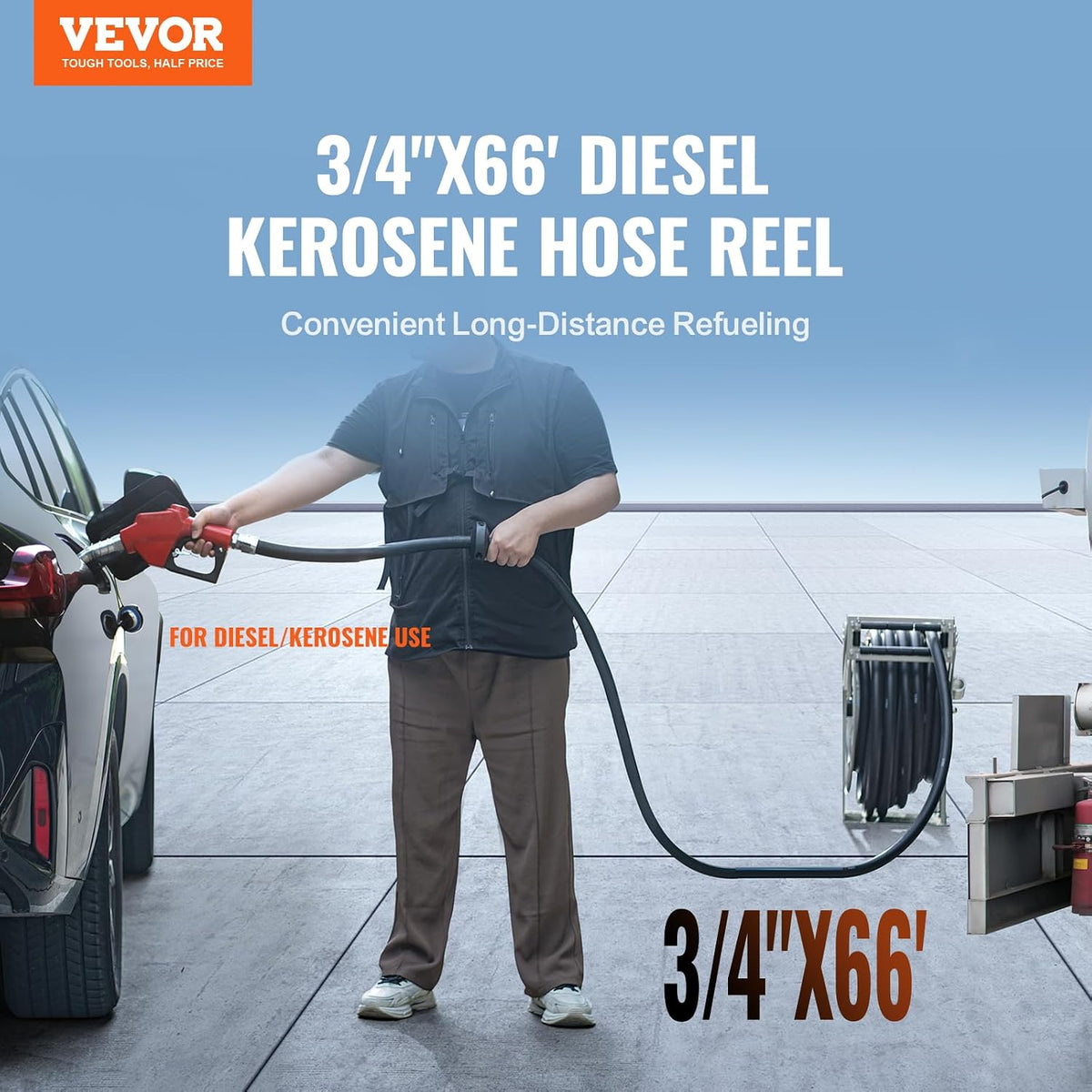 Fuel Hose Reel, 3/4 inch x 66 ft Retractable, Spring Driven Auto Swivel Rewind, 300 PSI, Heavy-Duty Carbon Steel Construction with Industrial Grade Rubber Hose, for Diesel Fuel, Kerosene