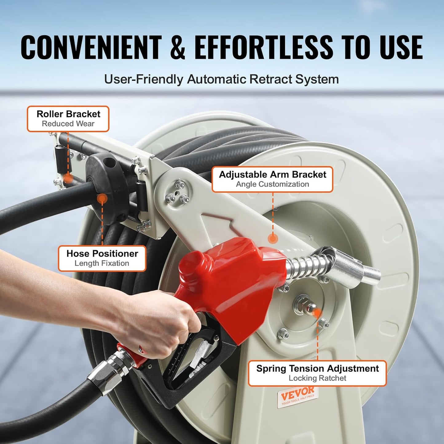 Fuel Hose Reel, 3/4 inch x 66 ft Retractable, Spring Driven Auto Swivel Rewind, 300 PSI, Heavy-Duty Carbon Steel Construction with Industrial Grade Rubber Hose, for Diesel Fuel, Kerosene