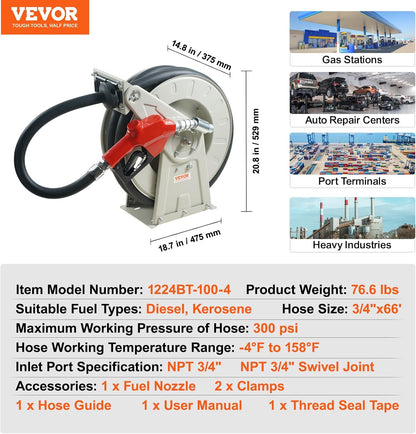 Fuel Hose Reel, 3/4 inch x 66 ft Retractable, Spring Driven Auto Swivel Rewind, 300 PSI, Heavy-Duty Carbon Steel Construction with Industrial Grade Rubber Hose, for Diesel Fuel, Kerosene