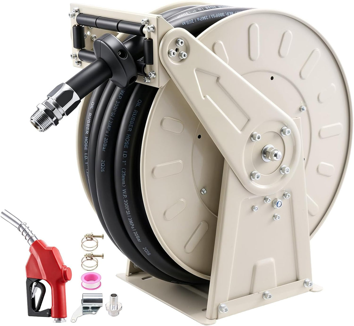Fuel Hose Reel, 3/4 inch x 66 ft Retractable, Spring Driven Auto Swivel Rewind, 300 PSI, Heavy-Duty Carbon Steel Construction with Industrial Grade Rubber Hose, for Diesel Fuel, Kerosene