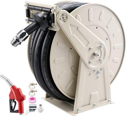 Fuel Hose Reel, 3/4 inch x 66 ft Retractable, Spring Driven Auto Swivel Rewind, 300 PSI, Heavy-Duty Carbon Steel Construction with Industrial Grade Rubber Hose, for Diesel Fuel, Kerosene