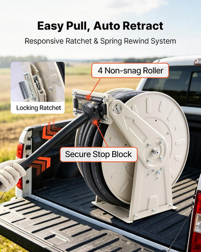 Fuel Hose Reel, 3/4 inch x 66 ft Retractable, Spring Driven Auto Swivel Rewind, 300 PSI, Heavy-Duty Carbon Steel Construction with Industrial Grade Rubber Hose, for Diesel Fuel, Kerosene