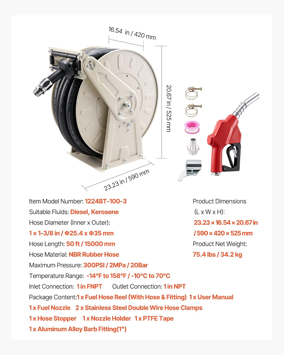 Fuel Hose Reel, 3/4 inch x 66 ft Retractable, Spring Driven Auto Swivel Rewind, 300 PSI, Heavy-Duty Carbon Steel Construction with Industrial Grade Rubber Hose, for Diesel Fuel, Kerosene