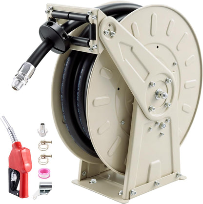 Fuel Hose Reel, 3/4 inch x 66 ft Retractable, Spring Driven Auto Swivel Rewind, 300 PSI, Heavy-Duty Carbon Steel Construction with Industrial Grade Rubber Hose, for Diesel Fuel, Kerosene