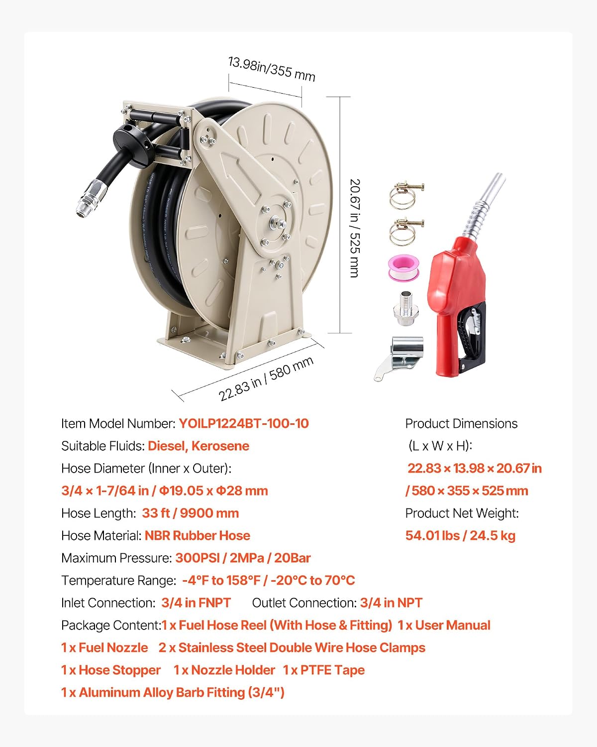 Fuel Hose Reel, 3/4 inch x 66 ft Retractable, Spring Driven Auto Swivel Rewind, 300 PSI, Heavy-Duty Carbon Steel Construction with Industrial Grade Rubber Hose, for Diesel Fuel, Kerosene