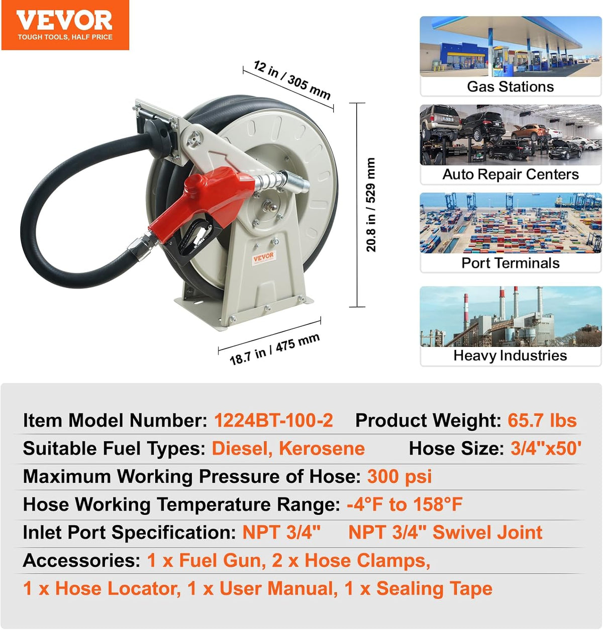 Fuel Hose Reel, 3/4 inch x 66 ft Retractable, Spring Driven Auto Swivel Rewind, 300 PSI, Heavy-Duty Carbon Steel Construction with Industrial Grade Rubber Hose, for Diesel Fuel, Kerosene
