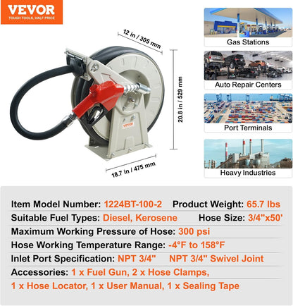 Fuel Hose Reel, 3/4 inch x 66 ft Retractable, Spring Driven Auto Swivel Rewind, 300 PSI, Heavy-Duty Carbon Steel Construction with Industrial Grade Rubber Hose, for Diesel Fuel, Kerosene