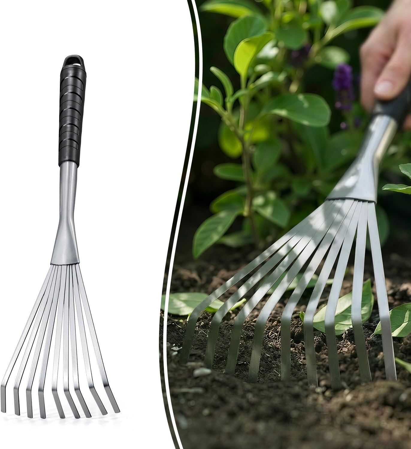 Hand Rake 16.5", Small Rake for Gardening with 9 Resilient Flat Tines, Metal Mini Rake with Hanging Hole for Storage, Hand Fan Rake for Leaves, Loosening Soil, Spreading Mulch, Flower Beds