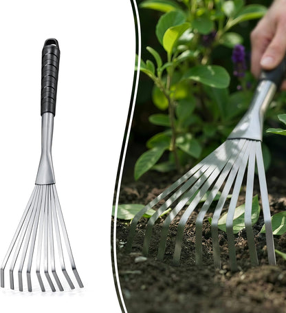 Hand Rake 16.5", Small Rake for Gardening with 9 Resilient Flat Tines, Metal Mini Rake with Hanging Hole for Storage, Hand Fan Rake for Leaves, Loosening Soil, Spreading Mulch, Flower Beds