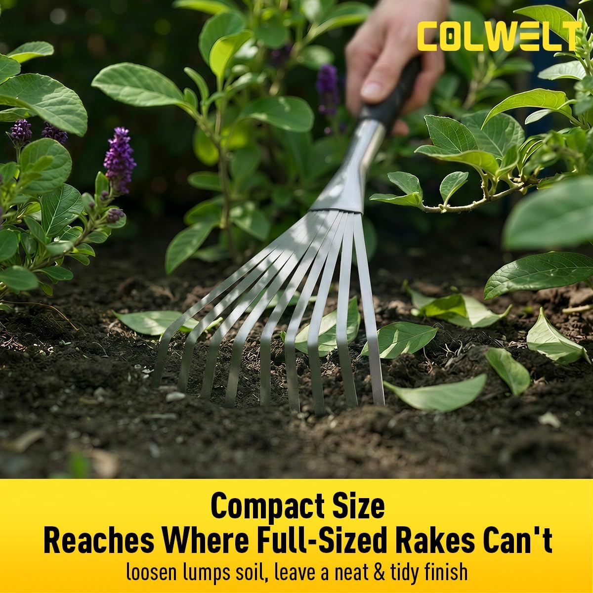 Hand Rake 16.5", Small Rake for Gardening with 9 Resilient Flat Tines, Metal Mini Rake with Hanging Hole for Storage, Hand Fan Rake for Leaves, Loosening Soil, Spreading Mulch, Flower Beds