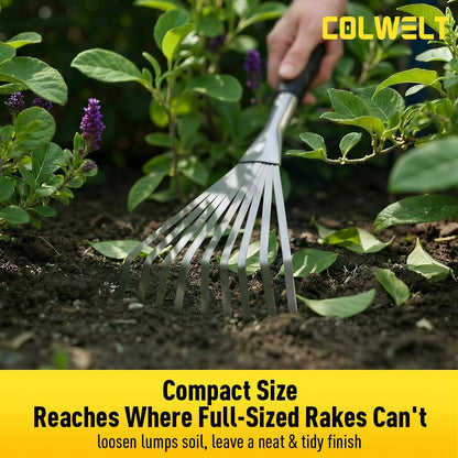 Hand Rake 16.5", Small Rake for Gardening with 9 Resilient Flat Tines, Metal Mini Rake with Hanging Hole for Storage, Hand Fan Rake for Leaves, Loosening Soil, Spreading Mulch, Flower Beds