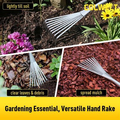 Hand Rake 16.5", Small Rake for Gardening with 9 Resilient Flat Tines, Metal Mini Rake with Hanging Hole for Storage, Hand Fan Rake for Leaves, Loosening Soil, Spreading Mulch, Flower Beds