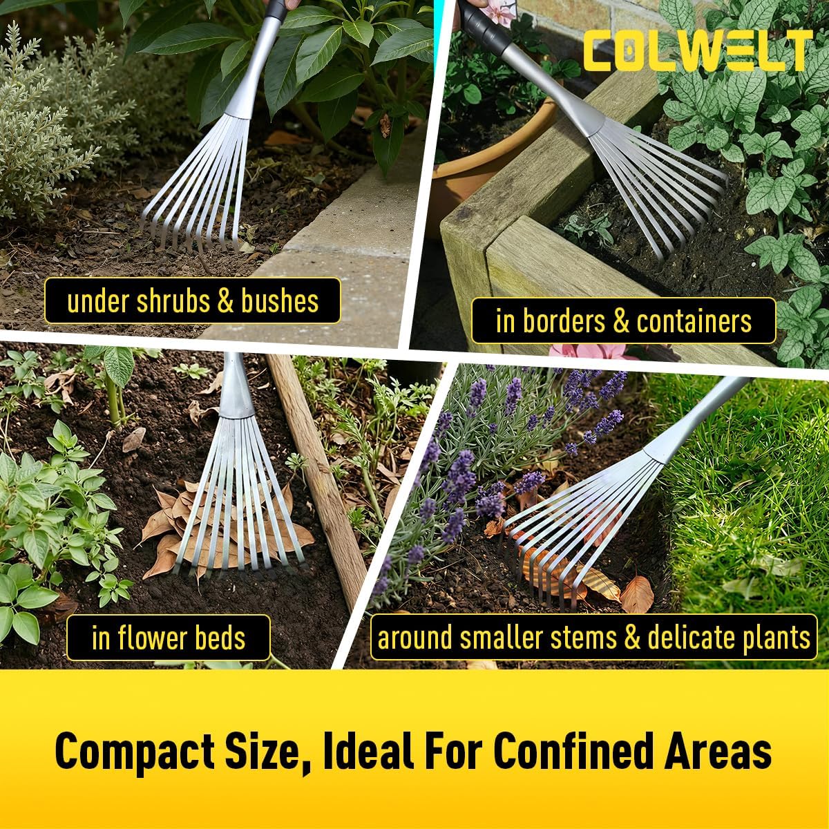 Hand Rake 16.5", Small Rake for Gardening with 9 Resilient Flat Tines, Metal Mini Rake with Hanging Hole for Storage, Hand Fan Rake for Leaves, Loosening Soil, Spreading Mulch, Flower Beds