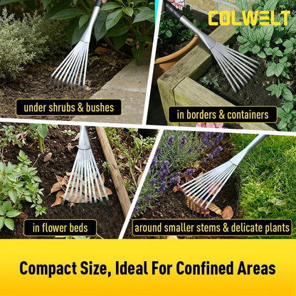 Hand Rake 16.5", Small Rake for Gardening with 9 Resilient Flat Tines, Metal Mini Rake with Hanging Hole for Storage, Hand Fan Rake for Leaves, Loosening Soil, Spreading Mulch, Flower Beds