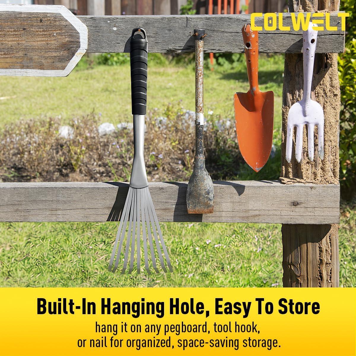 Hand Rake 16.5", Small Rake for Gardening with 9 Resilient Flat Tines, Metal Mini Rake with Hanging Hole for Storage, Hand Fan Rake for Leaves, Loosening Soil, Spreading Mulch, Flower Beds