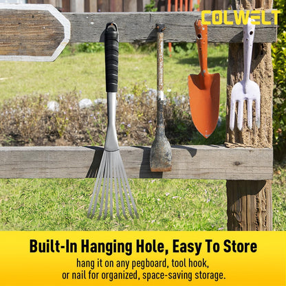 Hand Rake 16.5", Small Rake for Gardening with 9 Resilient Flat Tines, Metal Mini Rake with Hanging Hole for Storage, Hand Fan Rake for Leaves, Loosening Soil, Spreading Mulch, Flower Beds