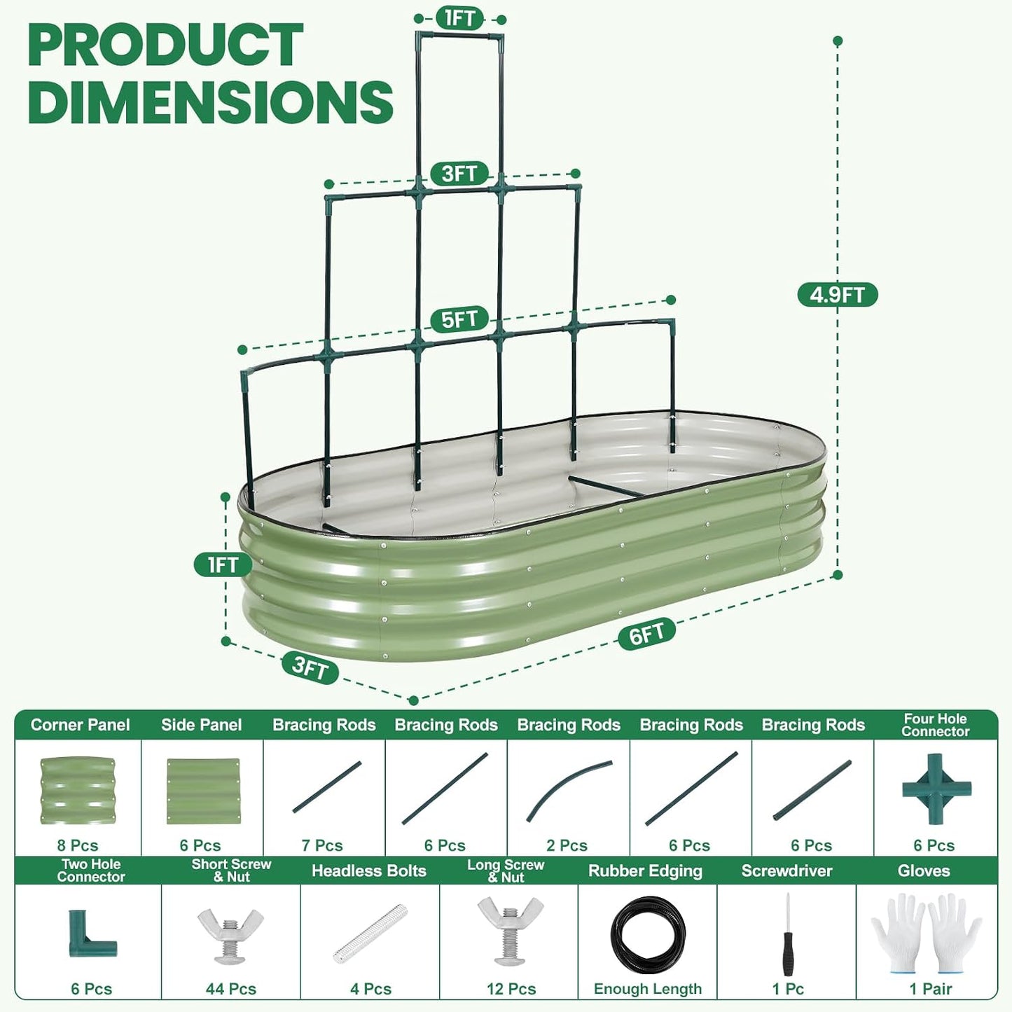 Galvanized Raised Garden Bed with Wall Trellis 6x3x1FT