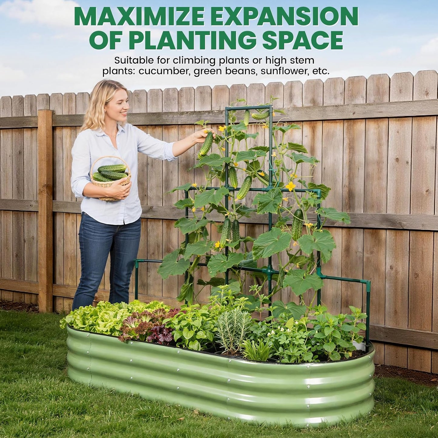 Galvanized Raised Garden Bed with Wall Trellis 6x3x1FT