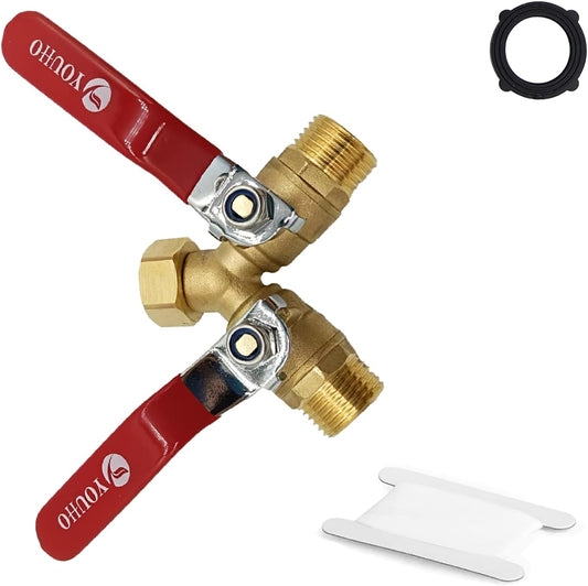 YOUHO Garden Hose Y Valve Hose Splitter Brass Hose Splitter With Stainless Steel 2 Way Valve 3/4" GHT Thread (RED)