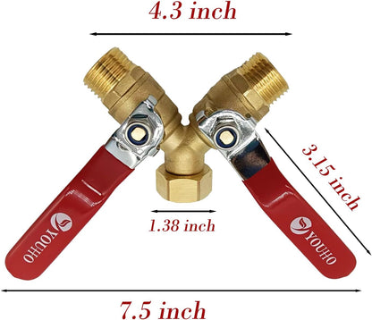 YOUHO Garden Hose Y Valve Hose Splitter Brass Hose Splitter With Stainless Steel 2 Way Valve 3/4" GHT Thread (RED)