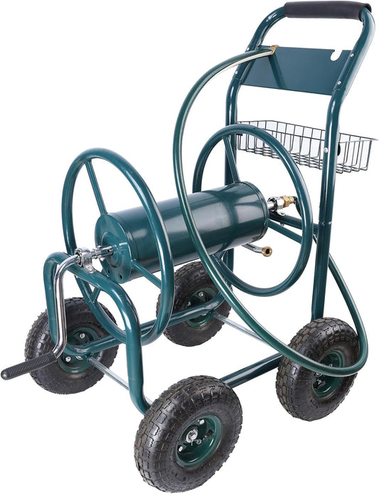 295 Ft 17/16"-12un Garden Water Hose Reels For Outside, Portable Metal Hose Reel Cart With Wheels/Storage Basket, Outdoor Hose Cart Heavy Duty For Yard Lawn (Hose Not Included) (Green)