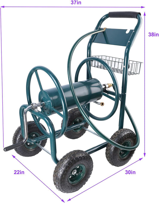 295 Ft 17/16"-12un Garden Water Hose Reels For Outside, Portable Metal Hose Reel Cart With Wheels/Storage Basket, Outdoor Hose Cart Heavy Duty For Yard Lawn (Hose Not Included) (Green)