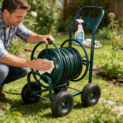 295 Ft 17/16"-12un Garden Water Hose Reels For Outside, Portable Metal Hose Reel Cart With Wheels/Storage Basket, Outdoor Hose Cart Heavy Duty For Yard Lawn (Hose Not Included) (Green)
