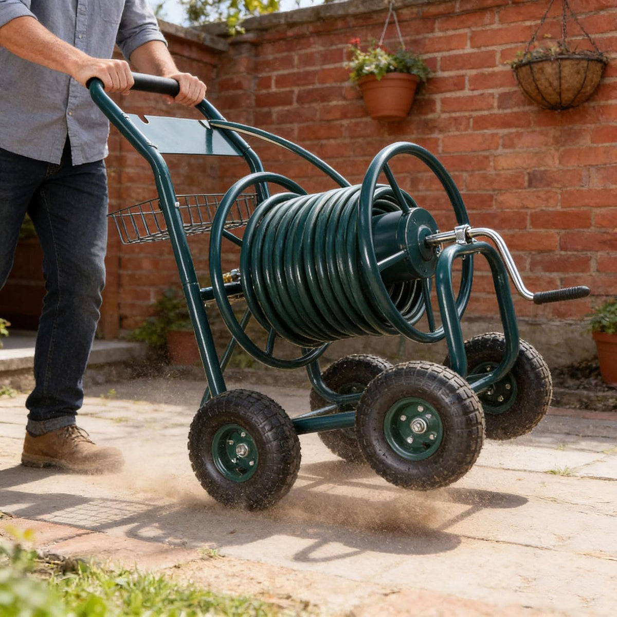 295 Ft 17/16"-12un Garden Water Hose Reels For Outside, Portable Metal Hose Reel Cart With Wheels/Storage Basket, Outdoor Hose Cart Heavy Duty For Yard Lawn (Hose Not Included) (Green)