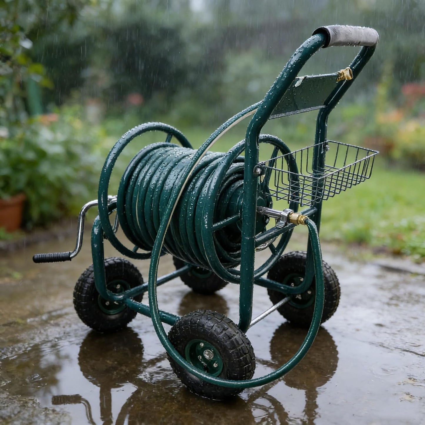 295 Ft 17/16"-12un Garden Water Hose Reels For Outside, Portable Metal Hose Reel Cart With Wheels/Storage Basket, Outdoor Hose Cart Heavy Duty For Yard Lawn (Hose Not Included) (Green)