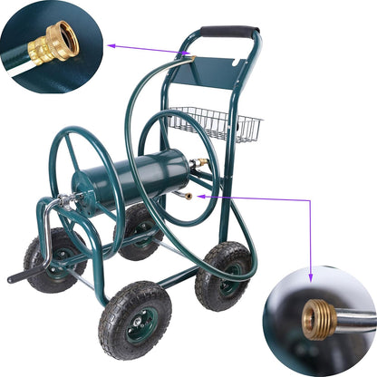 295 Ft 17/16"-12un Garden Water Hose Reels For Outside, Portable Metal Hose Reel Cart With Wheels/Storage Basket, Outdoor Hose Cart Heavy Duty For Yard Lawn (Hose Not Included) (Green)