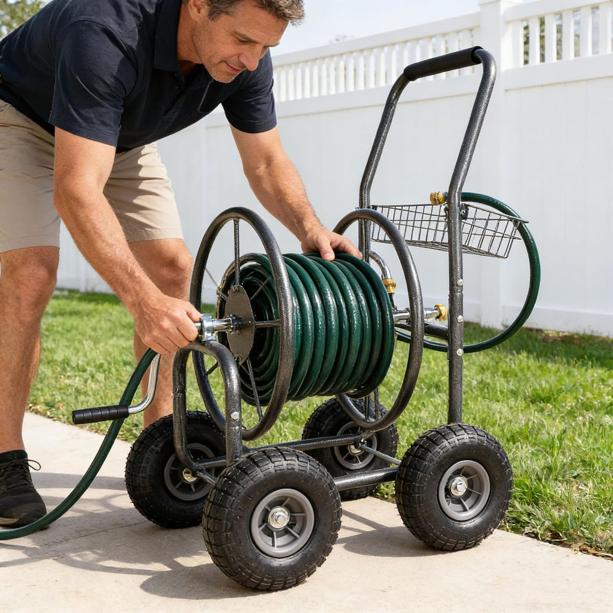 295 Ft 17/16"-12un Garden Water Hose Reels For Outside, Portable Metal Hose Reel Cart With Wheels/Storage Basket, Outdoor Hose Cart Heavy Duty For Yard Lawn (Hose Not Included) (Green)