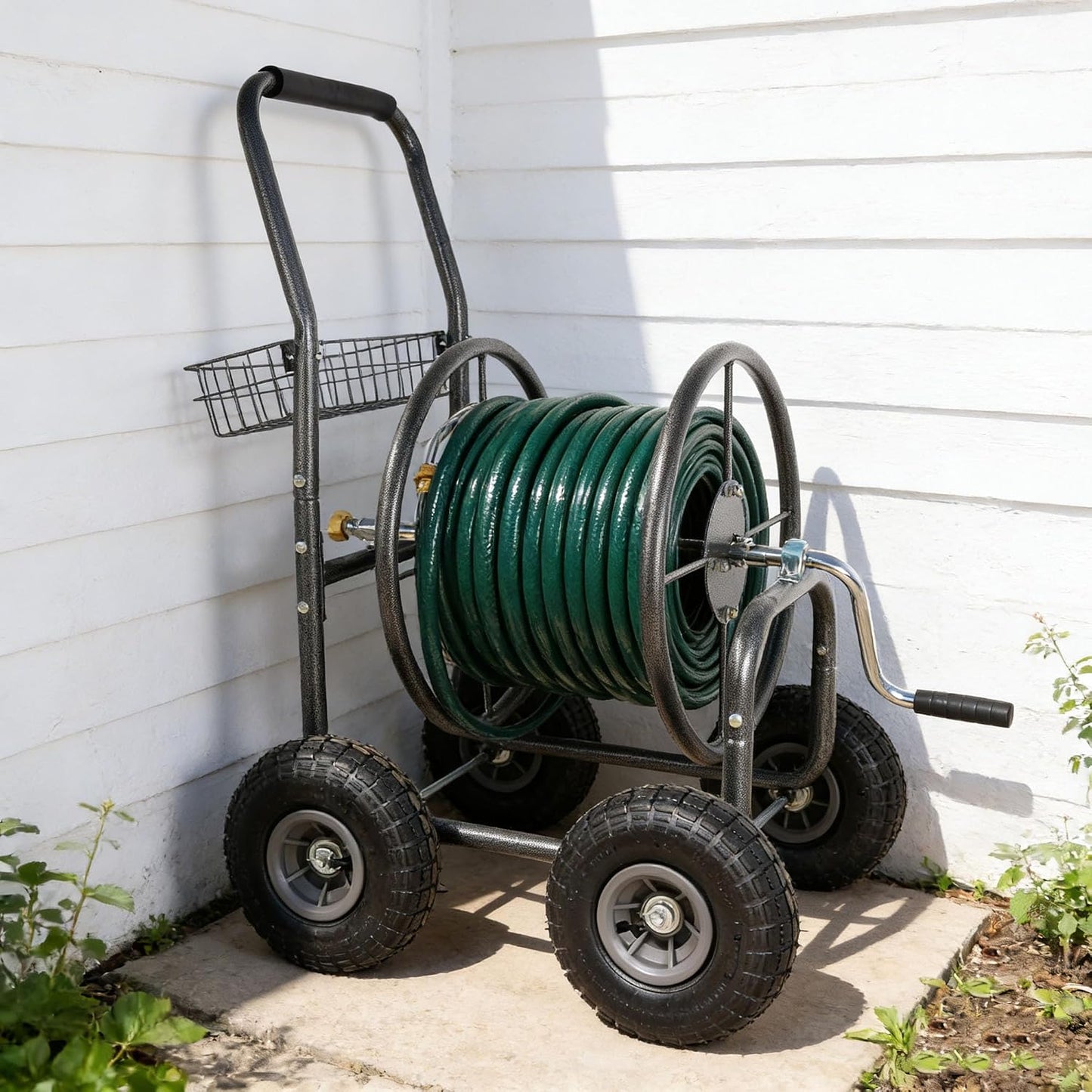 295 Ft 17/16"-12un Garden Water Hose Reels For Outside, Portable Metal Hose Reel Cart With Wheels/Storage Basket, Outdoor Hose Cart Heavy Duty For Yard Lawn (Hose Not Included) (Green)