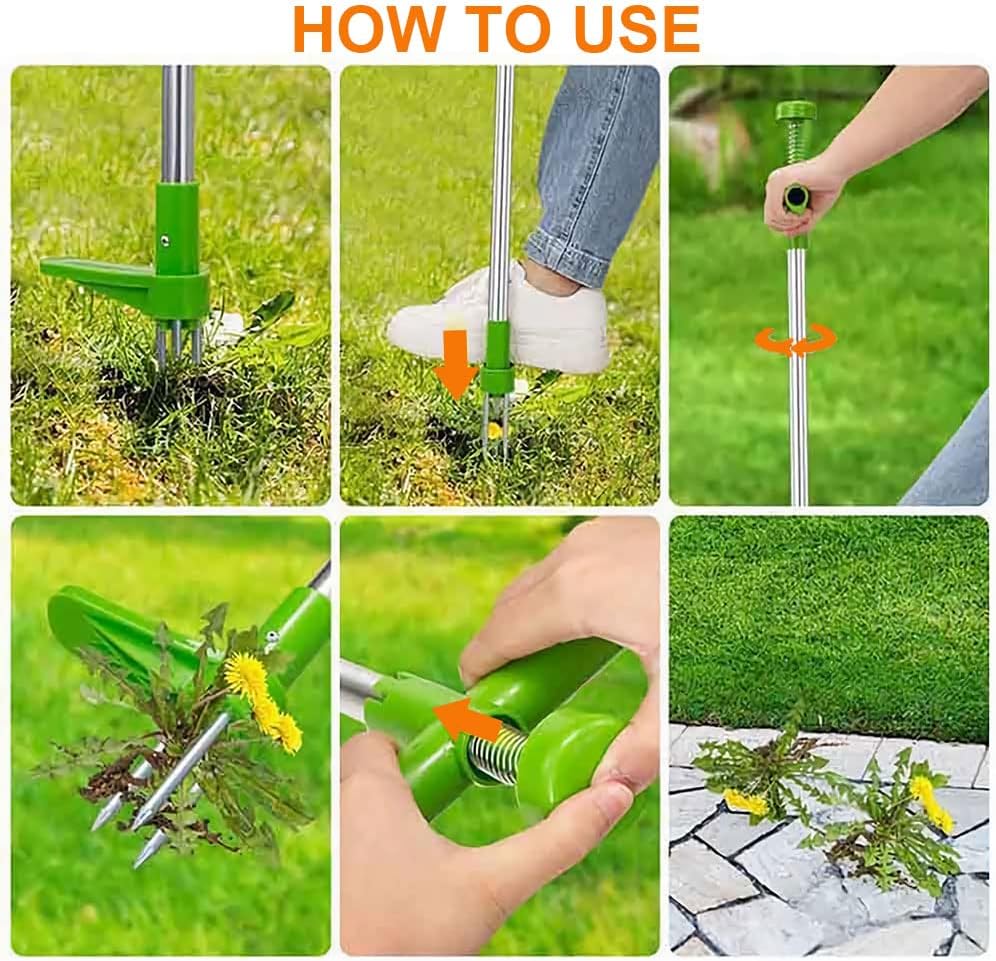 Manual Weed Puller, Stand Up Garden Weeder Tool, Long Handled Root Removal Hand Tool with 3 Stainless Steel Claws, Grass Remover for Dandelion & Weeds