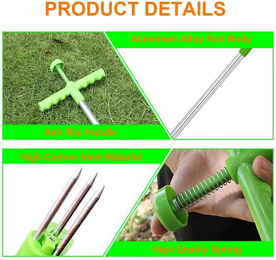 Manual Weed Puller, Stand Up Garden Weeder Tool, Long Handled Root Removal Hand Tool with 3 Stainless Steel Claws, Grass Remover for Dandelion & Weeds