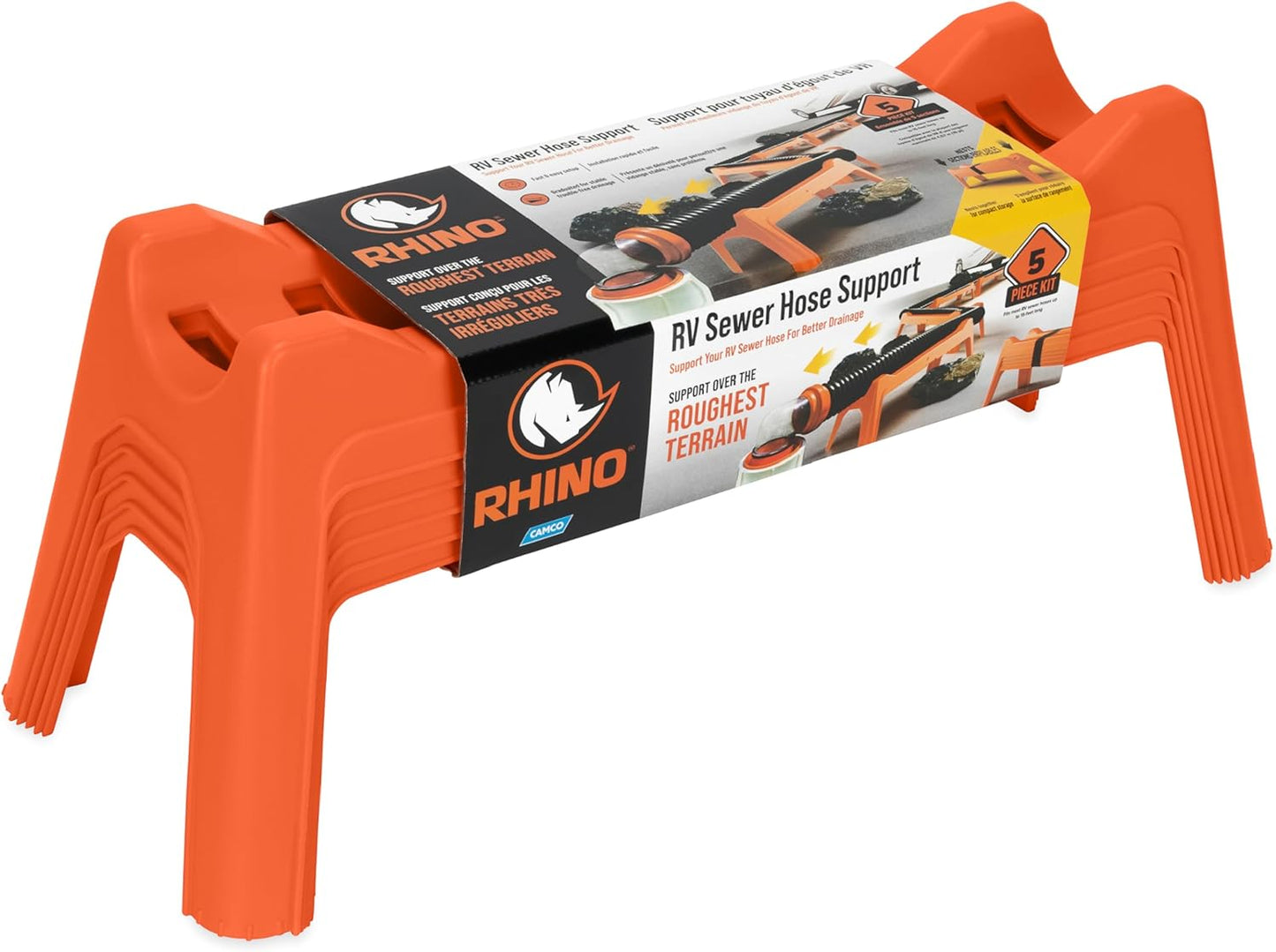 Rhino RV Sewer Hose Support Kit - Extends Over Uneven Terrain for Easy Drainage - Holds Up to 15-Feet of RV Sewer Hose - Features Nesting Design for Storage - 5 Support Sections (43072)
